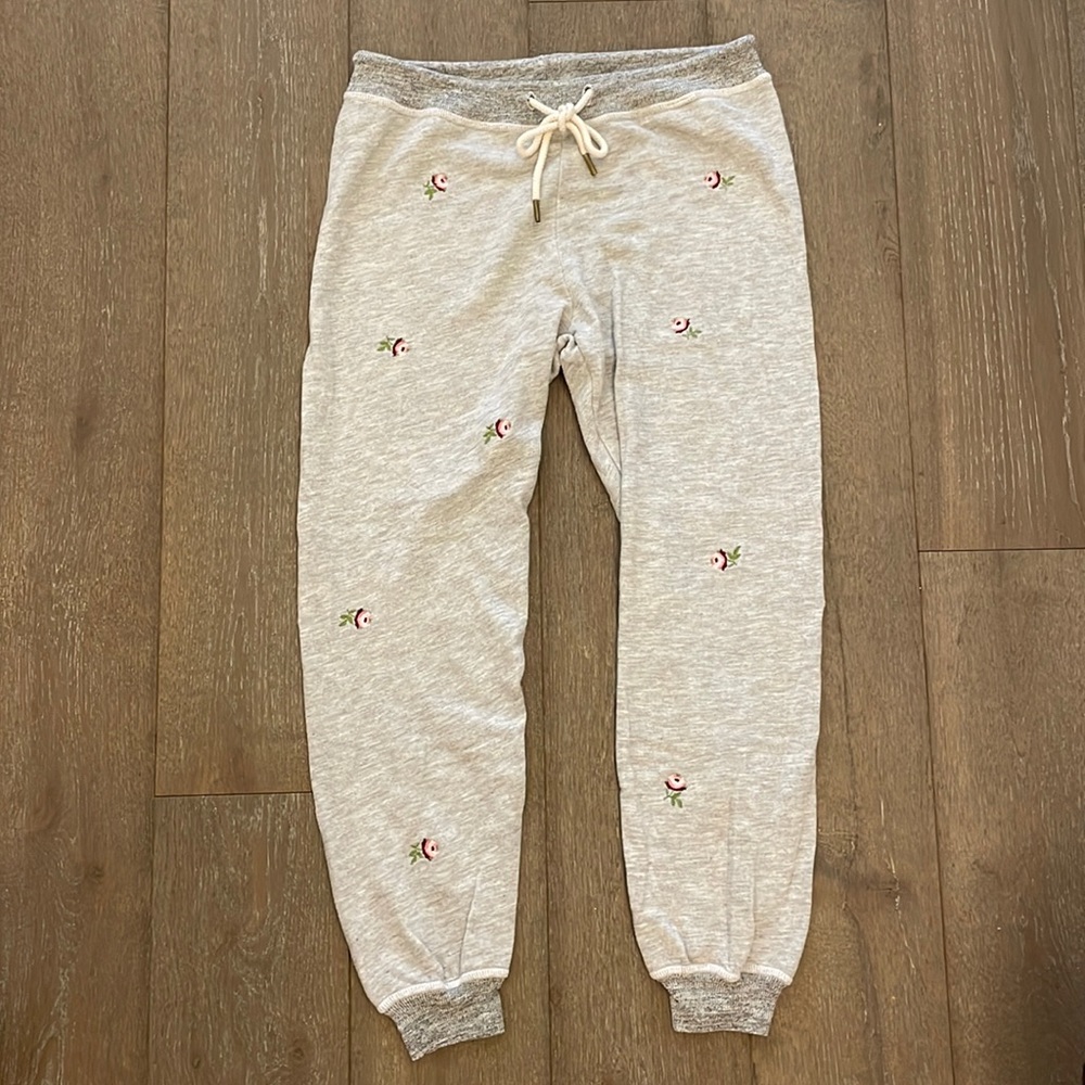 THE GREAT. Cream Floral Embroidered Joggers